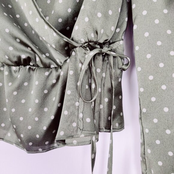 Guess Womens Faux Wrap V-neck Polka Dot Satin Blouse in Green - Picture 3 of 5
